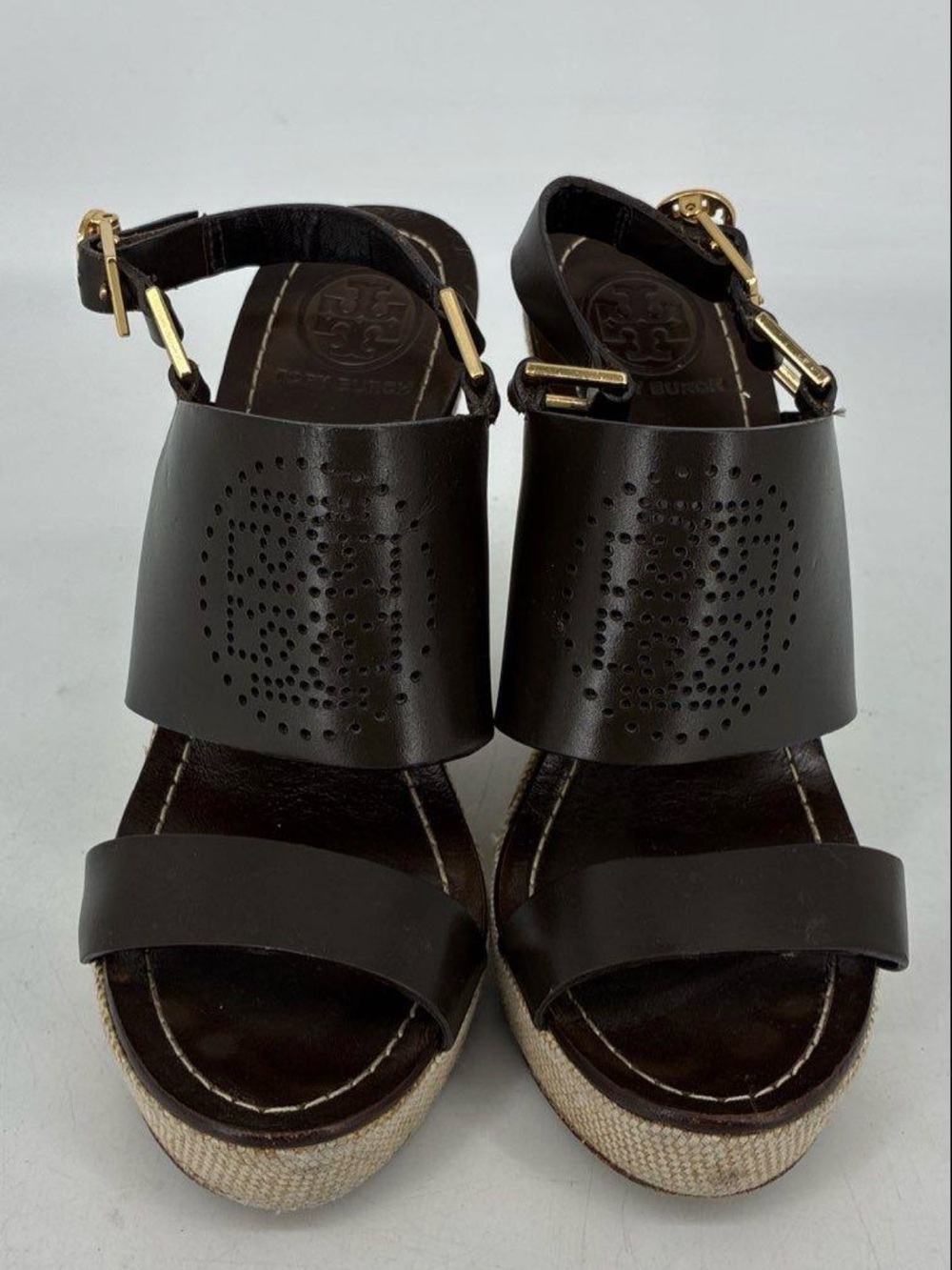 Tory Burch Kimberly Dark Brown Leather Wedge Sandals Sz 8